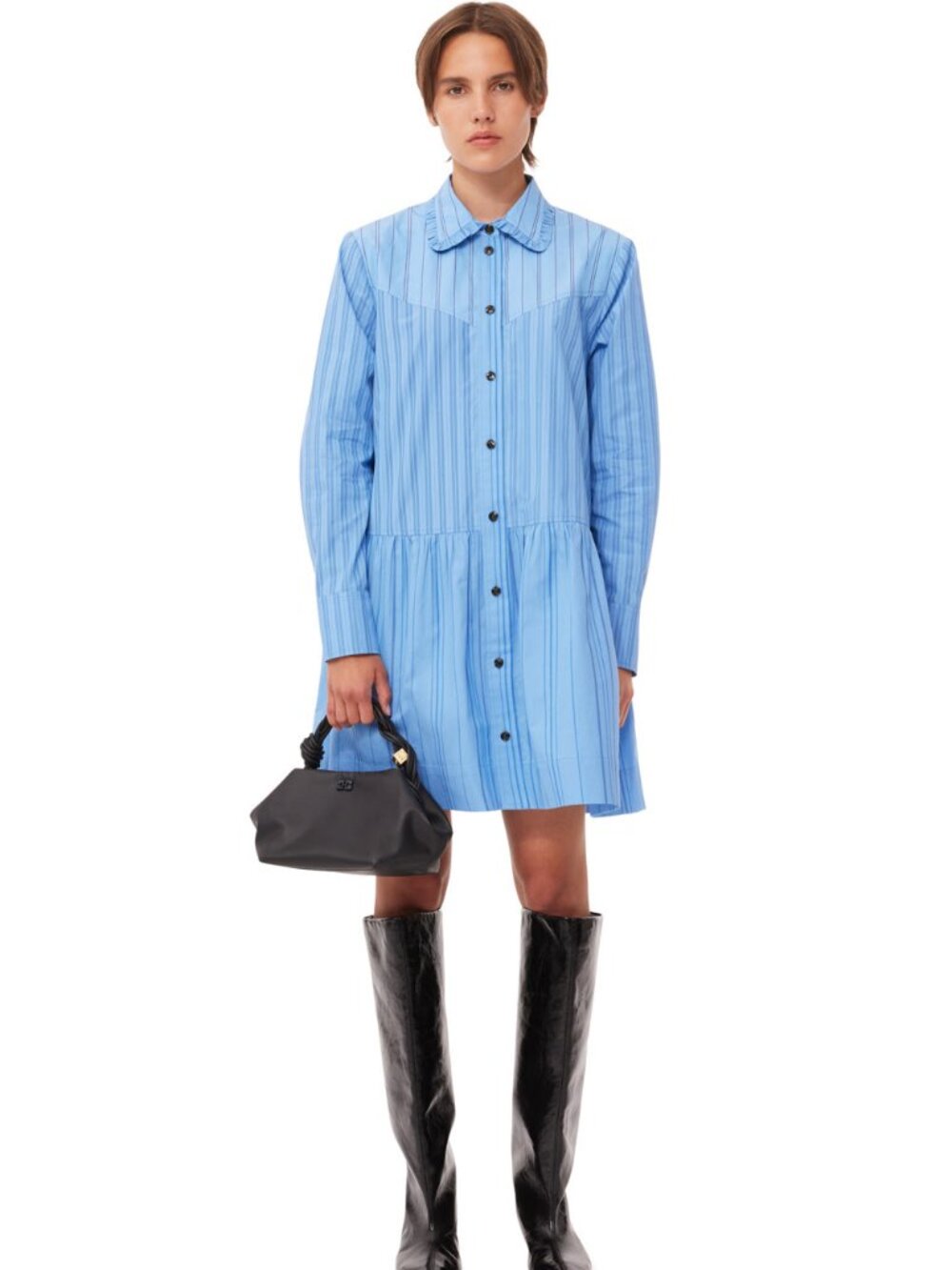 GANNI Recut Pinstripe Collared Mini Dress 32 Lake Blue + Maroon